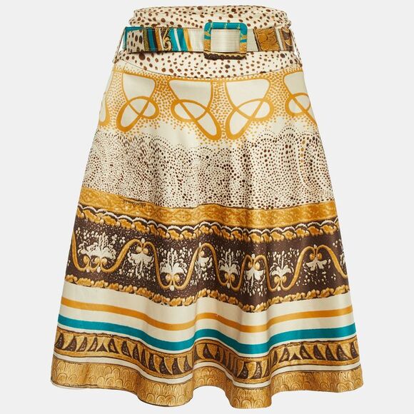 Class By Roberto Cavalli Cream Printed Satin Belted Skirt L